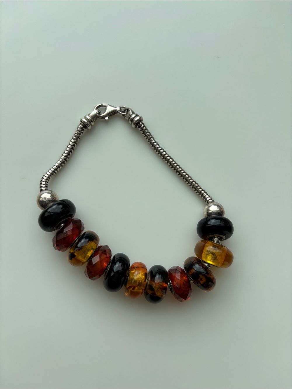 Silver Bracelet with Amber and Black Glass Beads